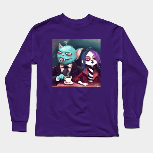 Sophisticated Blue Lizard Cat Drinks Coffee with His Edgy Girlfriend Long Sleeve T-Shirt by Star Scrunch